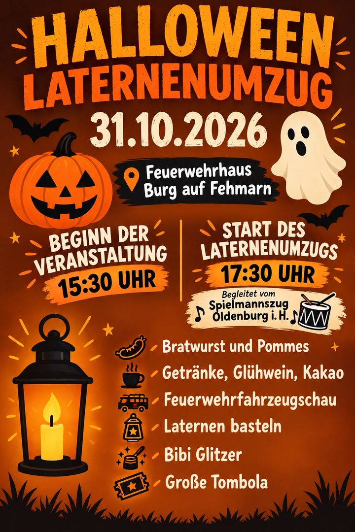 Die Jugendfeuerwehr Burg auf Fehmarn lädt ein zum Halloween-Laternenumzug mit buntem Rahmenprogramm, heißer Verpflegung und großer Tombola!